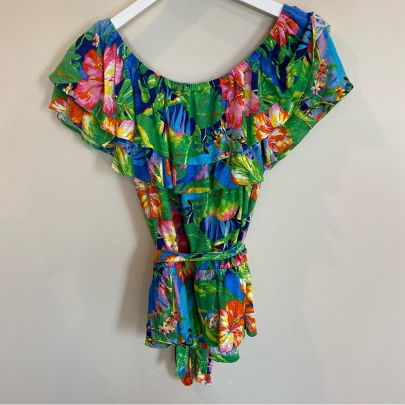 Lauren Ralph Lauren Black Label Peplum  Top Green Teared Medium Tie Floral - Picture 5 of 7